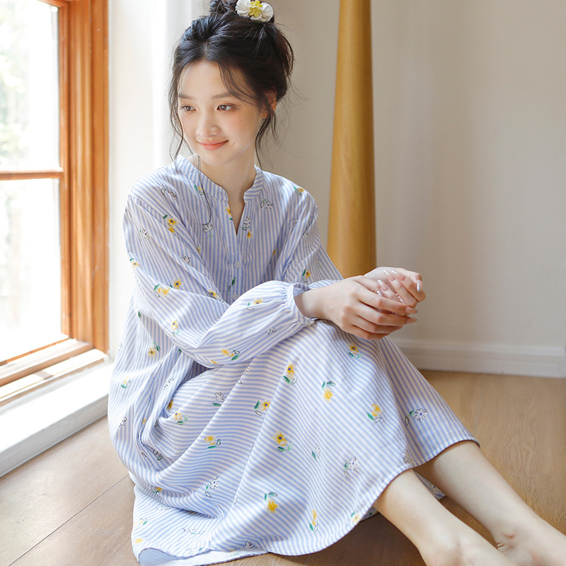 可外穿衬衫裙夏季睡裙女日系薄款长袖空调服宽松双层纯棉纱家居服