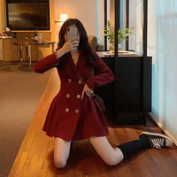 French socialite Hepburn style red suit dress waist slimming temperament light mature style women's feminine clothes