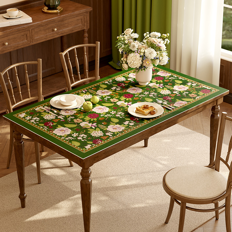 范居态度花海皮革桌面垫美式法式轻奢防油免洗高级感长方形桌布