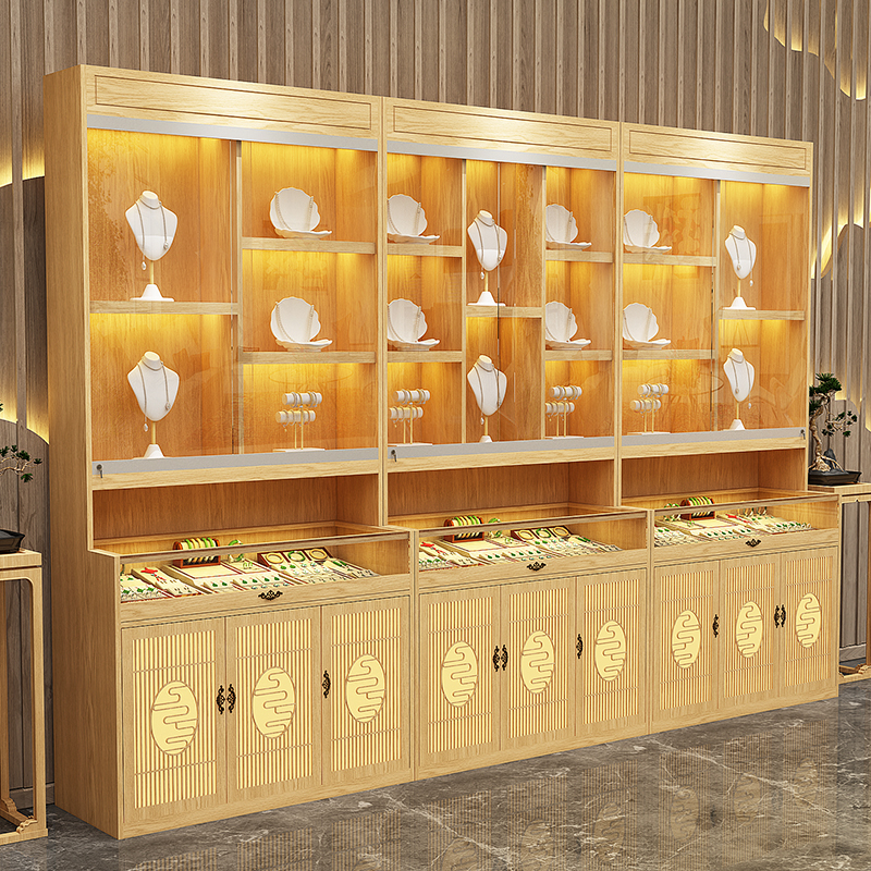实木新中式珠宝展示柜玻璃柜台古玩瓷器茶叶展柜古董首饰品陈列柜