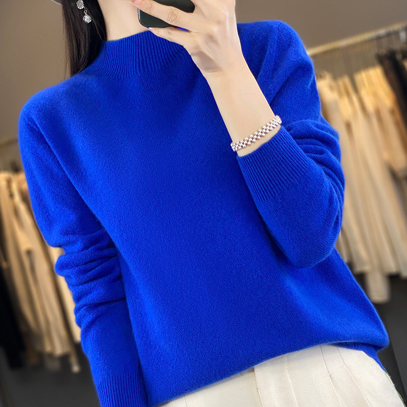 克莱因蓝半高领纯羊毛衫女套头打底毛衣秋冬装显瘦内搭针织衫大码