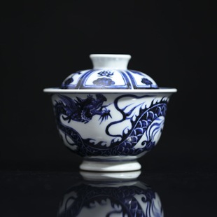 仿元青花回头龙元宝两才盖碗