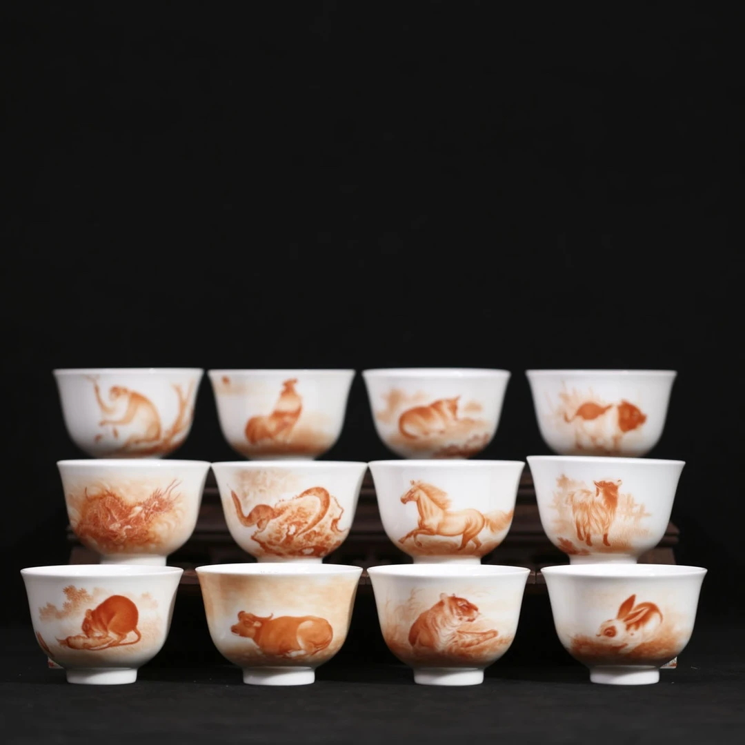 九段烧妙手丹青矾红十二生肖套组杯鼠牛虎兔龙蛇马羊猴鸡狗猪杯