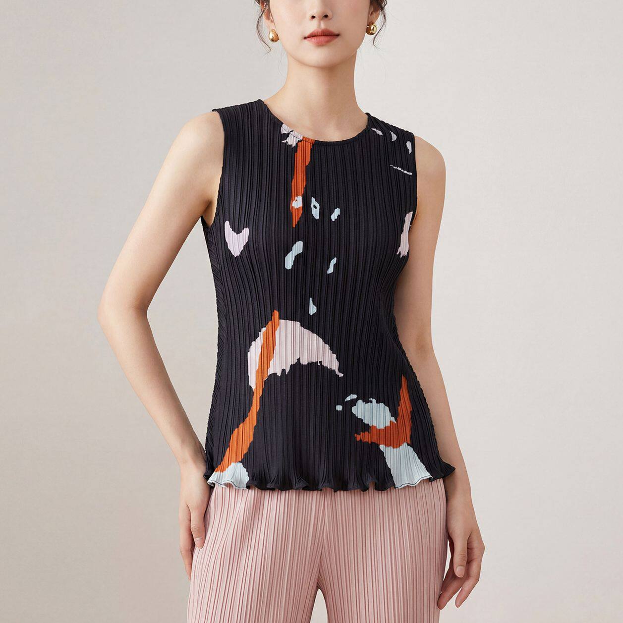 三宅设计感褶皱无袖t恤女装夏高级感木耳边修身显瘦背心上衣女款