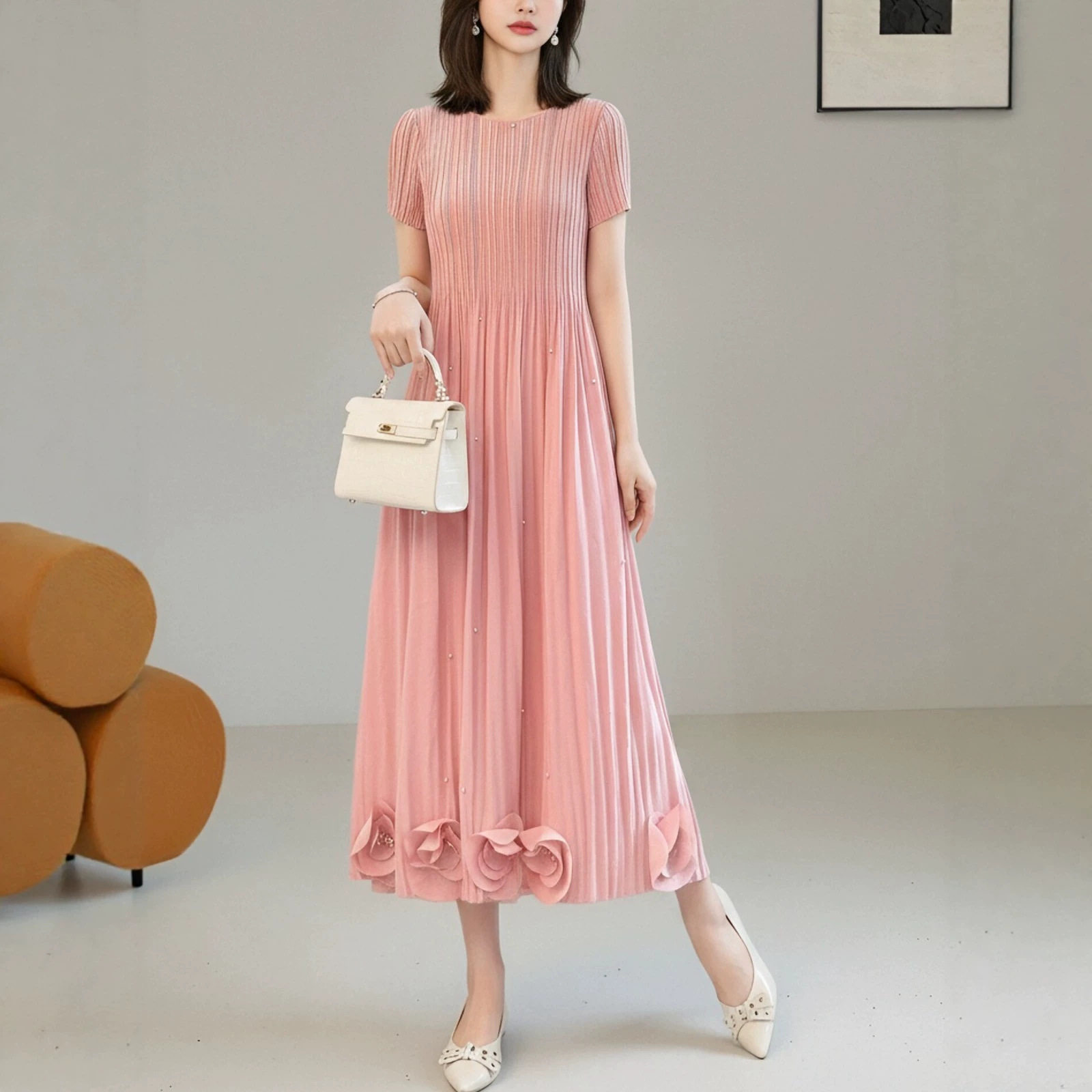 夏季大码遮肉压褶连衣裙设计感立体花钉珠高腰宽松中长裙三宅裙子
