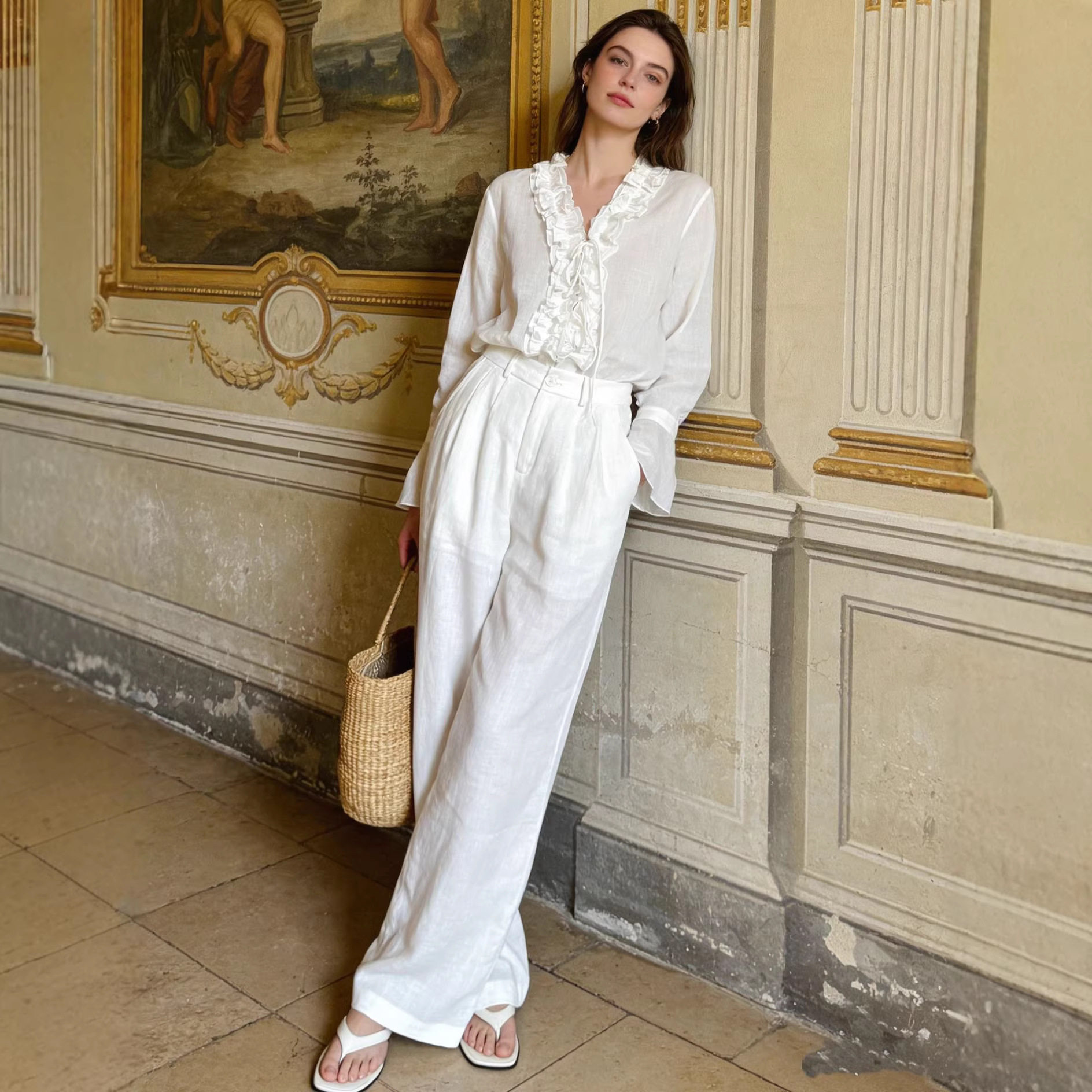 南油品质法式紫色风琴褶苎麻衬衫女2026春度假风宽松系带V领衬衣