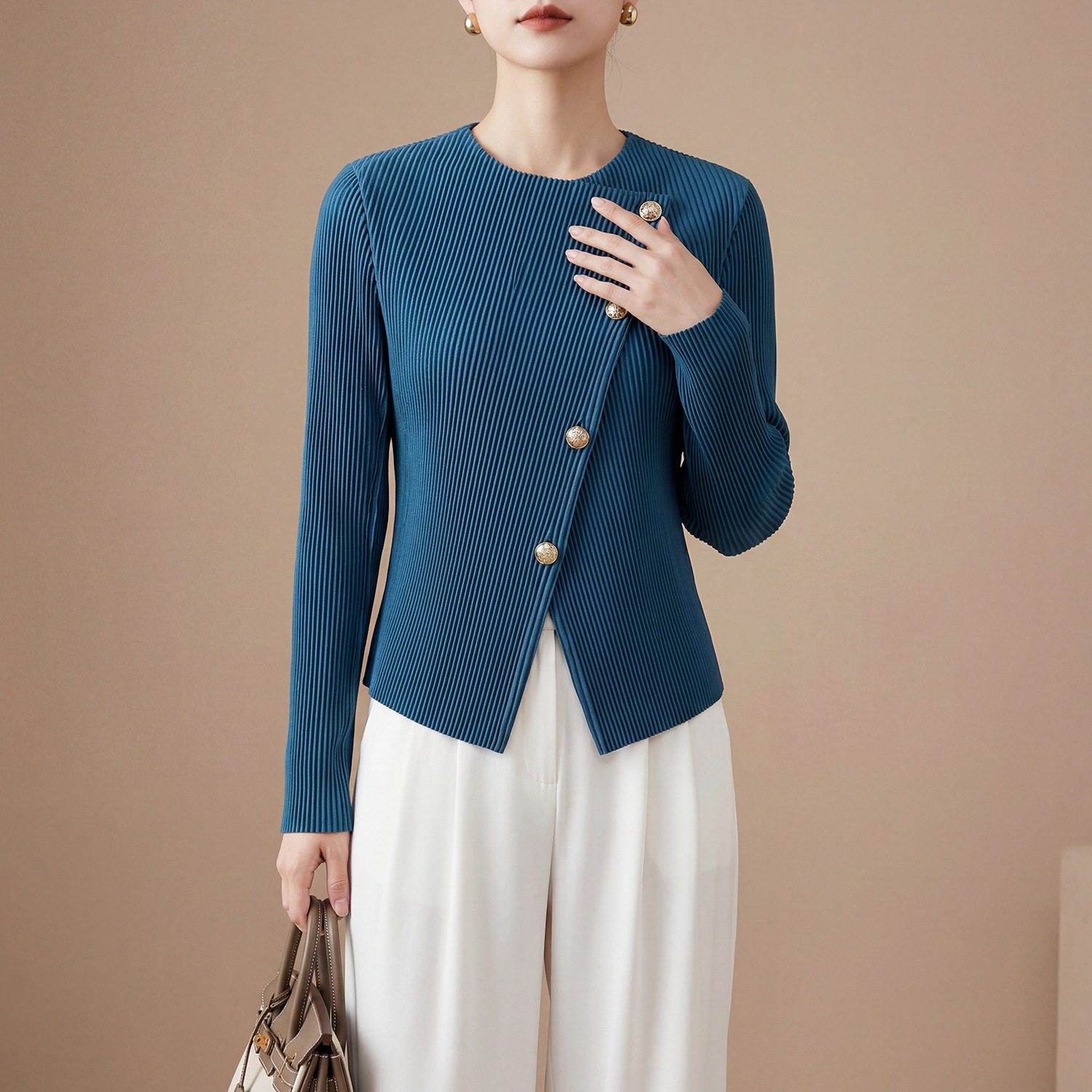 衣服女款高级感春季时尚不规则小众圆领长袖气质百搭三宅T恤上衣