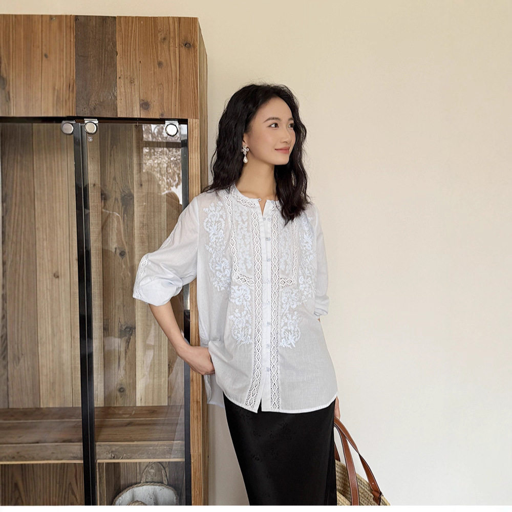 2026南油圆领新款法式长袖白色蕾丝衬衫女上衣夏季薄款轻奢高级感