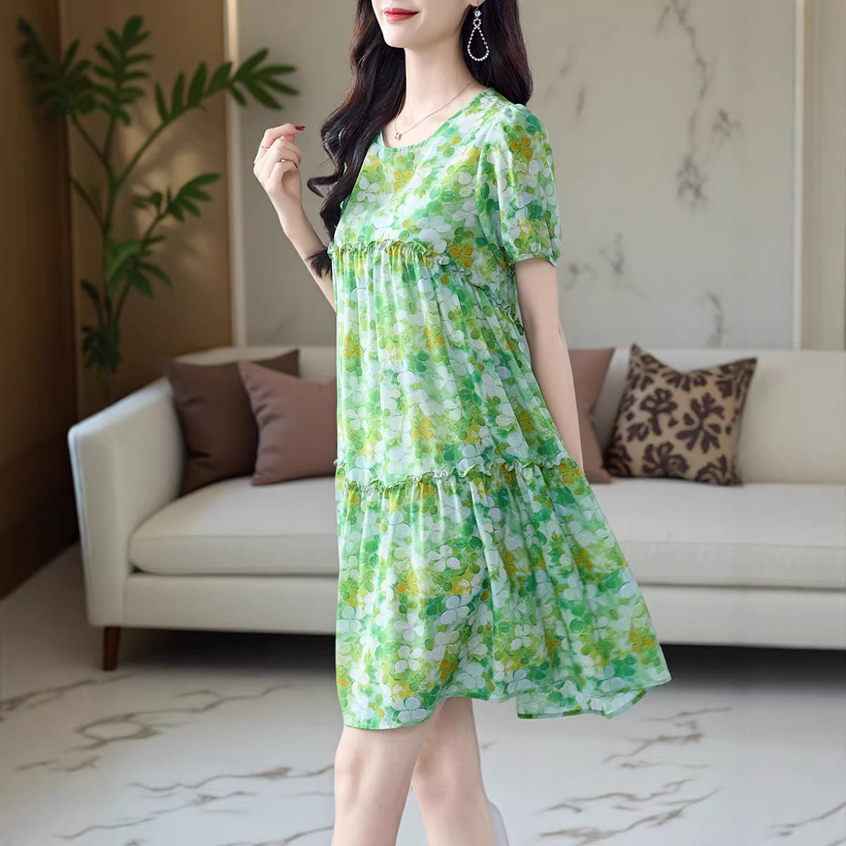气质绿色碎花真丝连衣裙女高腰宽松春夏小个子桑蚕丝大码胖mm女装