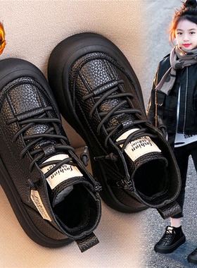 官网C&K女童皮靴冬季2025新款儿童黑色靴女孩加绒保暖马丁二棉靴