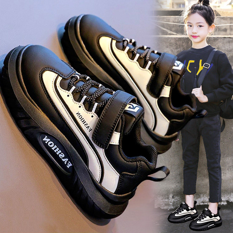 官网C&K女童运动鞋2026春秋季新款儿童皮面黑色板鞋休闲大童女孩