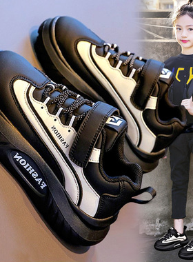 官网C&K女童运动鞋2025秋冬季新款儿童皮面黑色板鞋休闲大童女孩