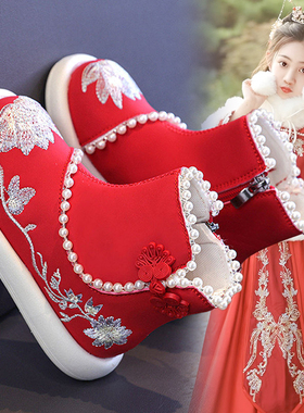 官网C&K女童汉服鞋春季2026新款儿童红色拜年女孩古风公主绣花鞋