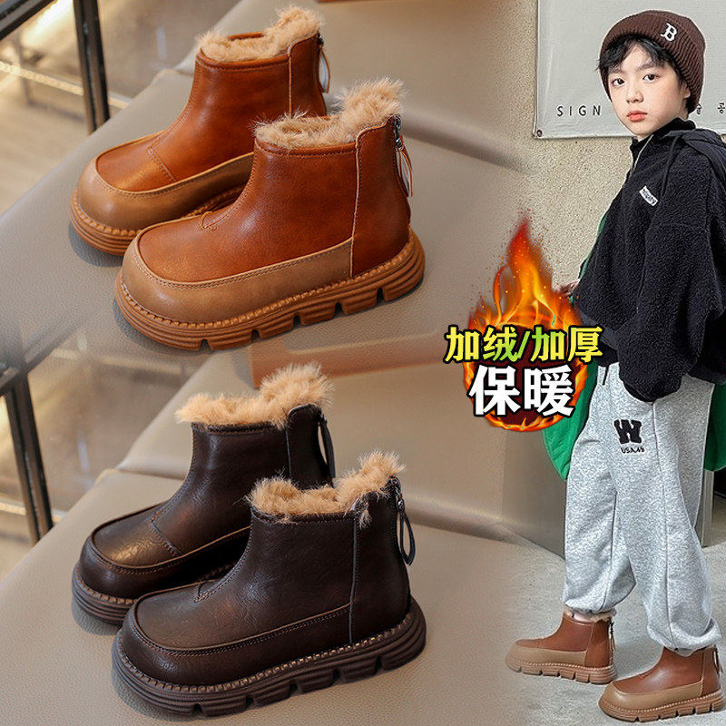 官网C&K男童雪地靴冬季2025新款儿童加绒马丁大棉靴皮面保暖冬靴