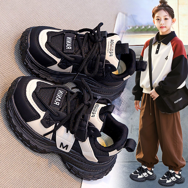 官网C&K黑色女童鞋子春季新款软底儿童跑步运动老爹网鞋女孩轻便