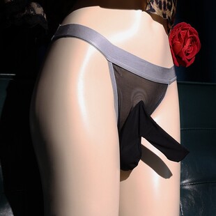 新款低腰网纱镂空男士jj套情趣丝袜内裤紧身透明飞机袜大象三角裤