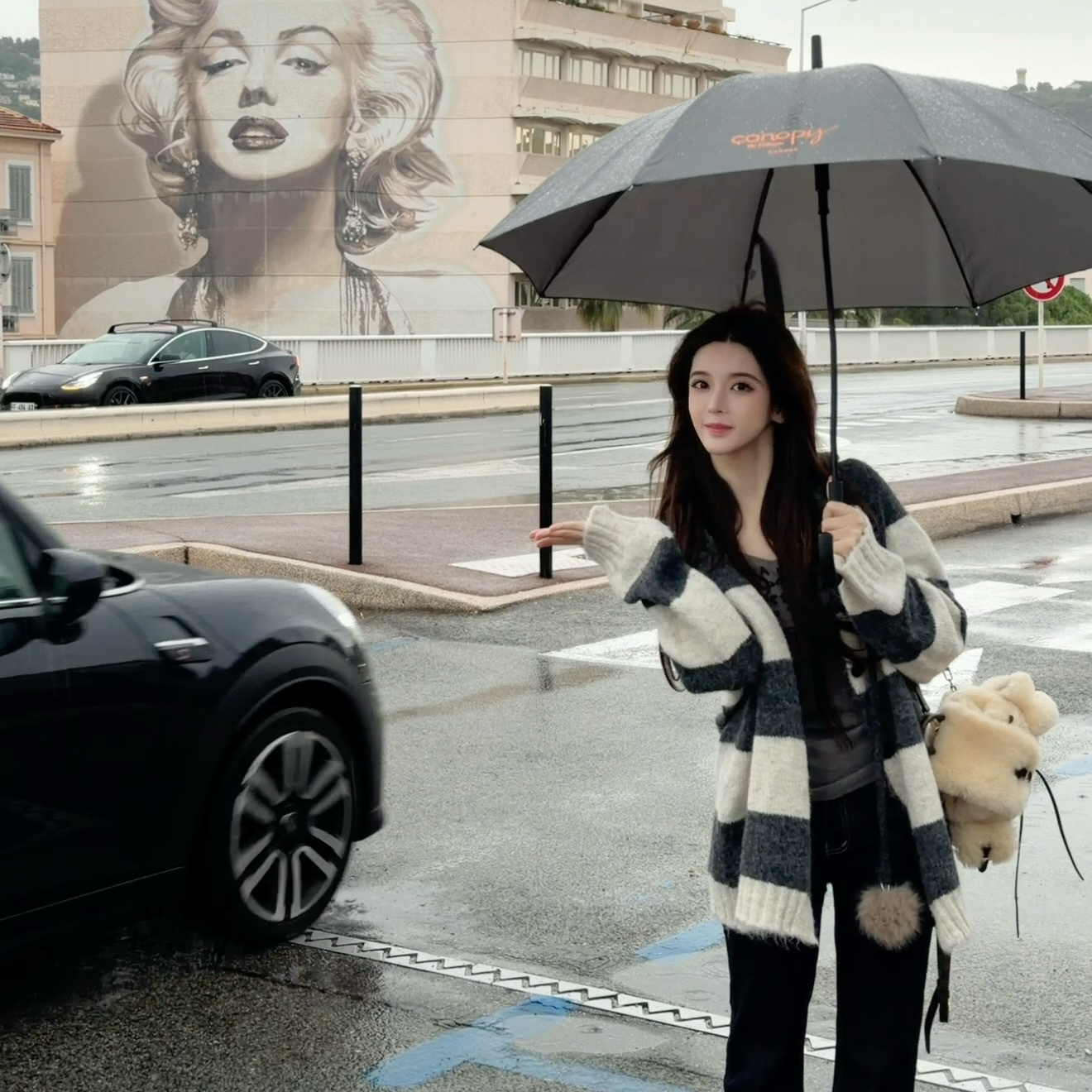 Nane南一自制款 娇娇女友 慵撞色条纹连帽毛衣外套女复古针织开衫