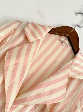 美国单morg@nl@ne重磅真丝条纹清新浅蓝色翻领家居睡裙衣质感超好