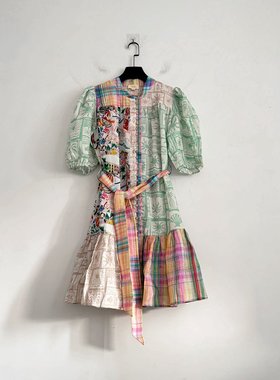 澳洲KA@CHEL苎麻拼色边宽松荷叶裙摆连衣裙度假休闲通勤减龄时尚