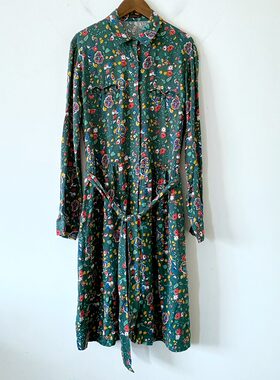 法国小众23新品翻领衬衫连衣裙系带通勤范通勤印花时尚人棉印花