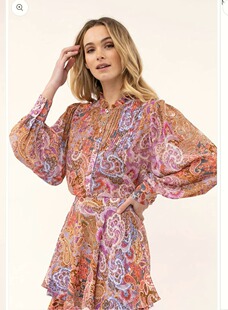 通勤休闲度假法式 百搭衬衫 KA@CHEL拼色复古切线印花高级感灯笼袖