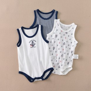 夏季背心爬服连体服哈衣海军风婴幼儿三角包屁衣出口日本薄棉新款