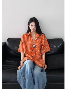 复古美式橙色设计格纹短袖衬衫男女宽松情侣格子衬衣百搭休闲外套