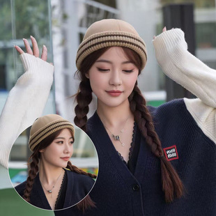 韩版撞色条纹地主帽女秋季复古百搭保暖瓜皮帽时尚无檐板球帽