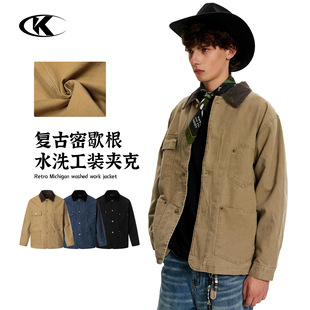 潮牌美式密歇根工装夹克男女复古灯芯翻领潮水洗立体做旧帆布外套