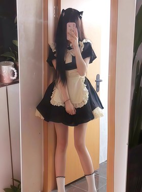 古早风倒褶花边女仆装洛丽塔op裙子送蝴蝶结漫展cosplay围裙套装