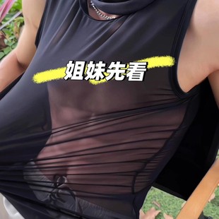 男士网纱背心无袖圆领修身上衣超薄透视黑丝健身肌肉显衣型男t恤