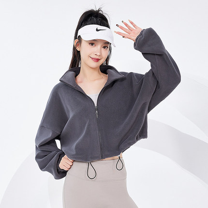 新款瑜伽服女秋冬加绒保暖运动外套立领宽松防风跑步训练健身上衣