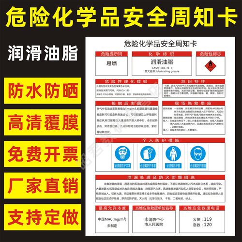 润滑油脂危险化学品安全周知卡