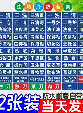 一清二洗三消毒标识牌全套厨房餐厅分类4D管理标签成品半成品熟食柜洗碗池消毒池分区牌厨房重地禁止吸烟定制