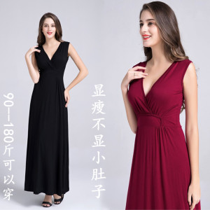 2025新款宽松显瘦V领大码莫代尔连衣裙胖mm波西米亚背心长裙女夏