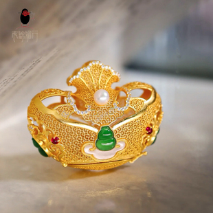 衣锦媚行原创设计s925银镀金翡翠珍珠葫芦吊坠复古宫廷元宝香囊坠