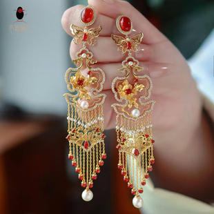 衣锦媚行国风原创设计925银镀金玛瑙蝶戏牡丹流苏耳坠宫廷风耳饰