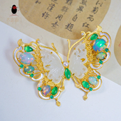 衣锦媚行原创设计s925银镀金和田玉欧泊蝴蝶胸针吊坠两用配饰国风