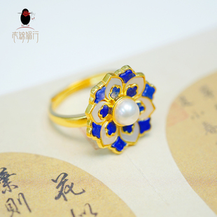 衣锦媚行原创设计s925银镀金珍珠青金石宝相花戒指新中式国风指环