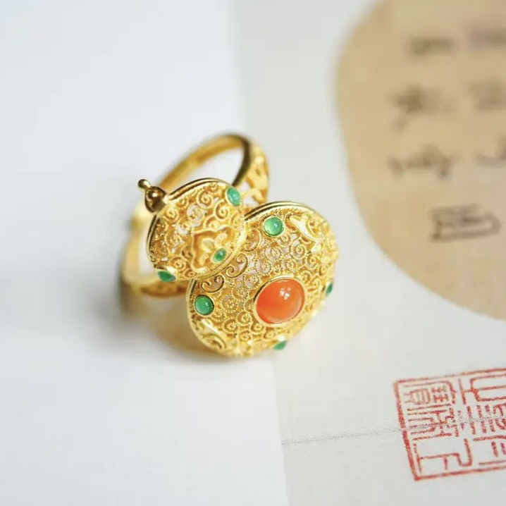原创设计s925银镀金玛瑙花丝戒指/指环