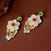 衣锦媚行原创设计s925银镀金和田玉蝶恋花耳坠新中式 花朵珍珠耳饰