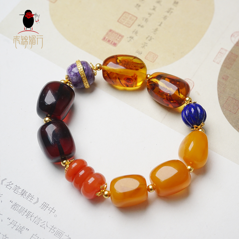 衣锦媚行  925银镀金蜜蜡多宝手串