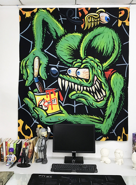 复古卡通黑色芬克老鼠RAT FINK挂布男生卧室直播布置装饰背景布