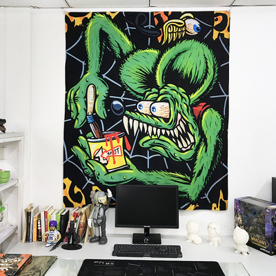 复古卡通黑色芬克老鼠RAT FINK挂布男生卧室直播布置装饰背景布