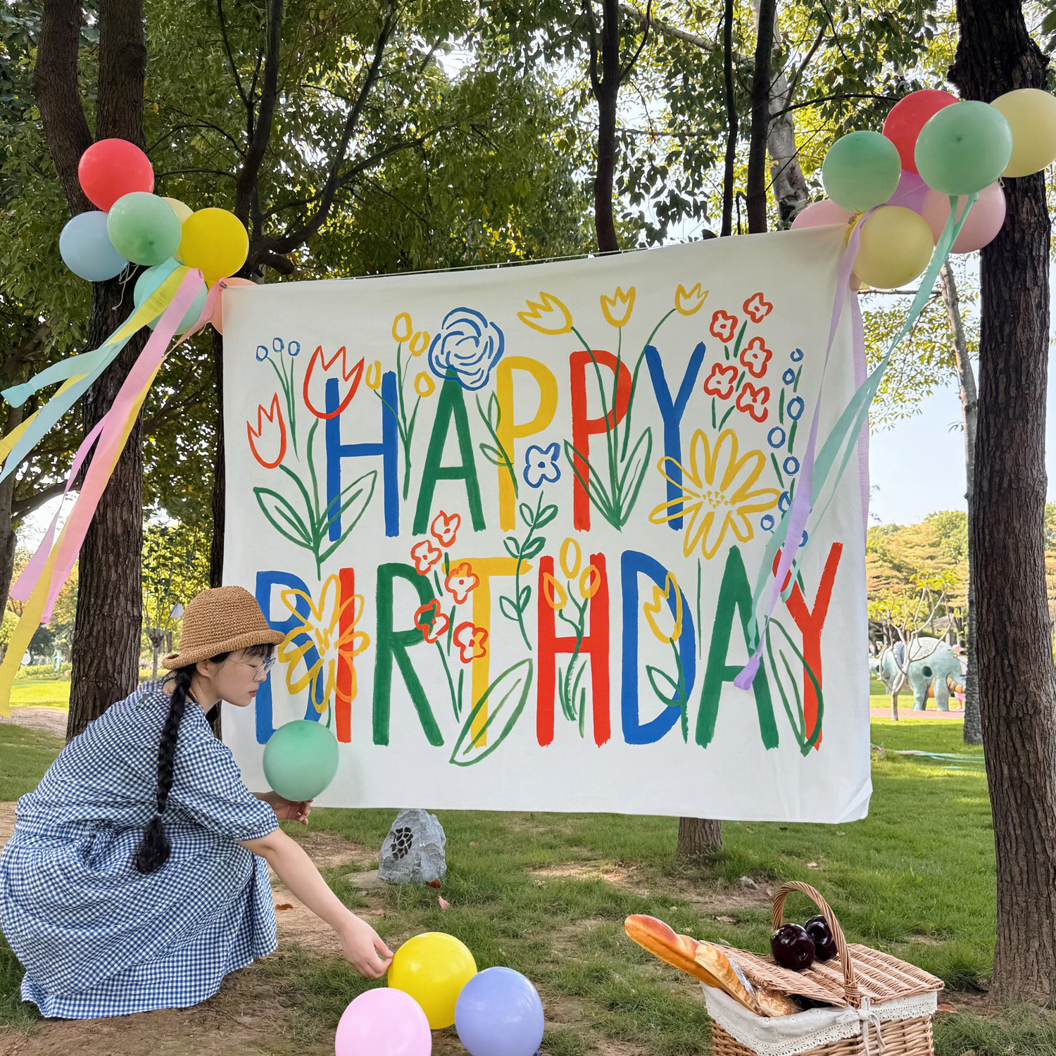 马吉吉原创 彩色手绘风花朵生日装饰背景布儿童户外露营派对挂布,居家布艺,挂毯/壁毯,淘宝优惠券,粉丝福利购,淘宝优惠卷