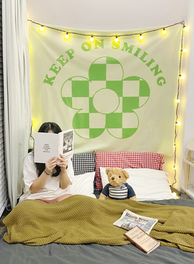 马吉吉自制 春日载阳ins清新绿色格子花朵挂布卧室宿舍装饰背景布