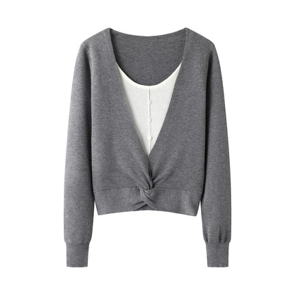 设计感小众极简圆领套头假两件针织衫显瘦下摆纽结秋长袖内搭上衣