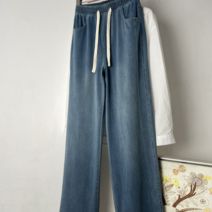 设计感小众韩系复古抽绳显瘦松紧水洗微弹力阔腿裤长裤软糯拖地裤