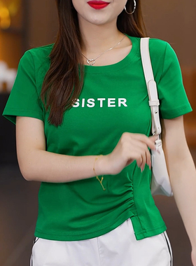 女士绿色短袖t恤女2025新款爆款夏季别致设计感小众短款正肩上衣