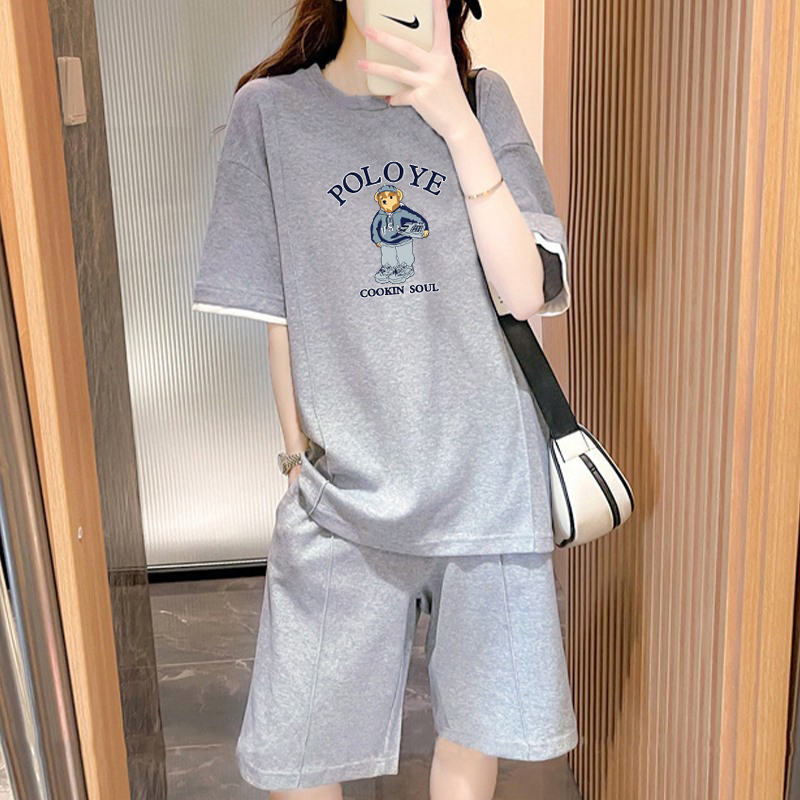 休闲运动套装女夏装2023新款短袖t恤宽松阔腿短裤洋气时尚两件套